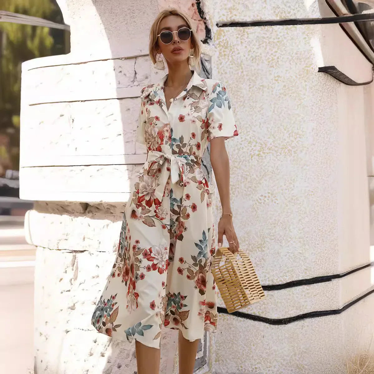 JO | Spring Summer Women Floral Print Midi Dress with Short Sleeves and Turn Down Collar for Casual Party and Outing