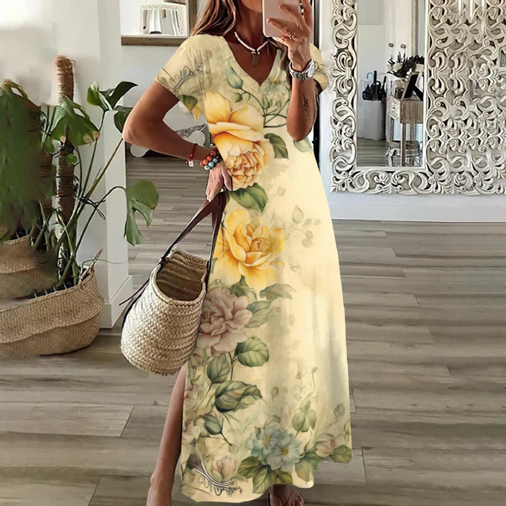 JO | Sunflower Print Floral Graphic Dresses for Women Plus Size Elegant Midi Dress
