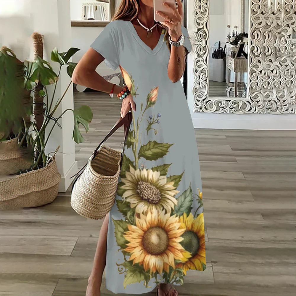 JO | Sunflower Print Floral Graphic Dresses for Women Plus Size Elegant Midi Dress