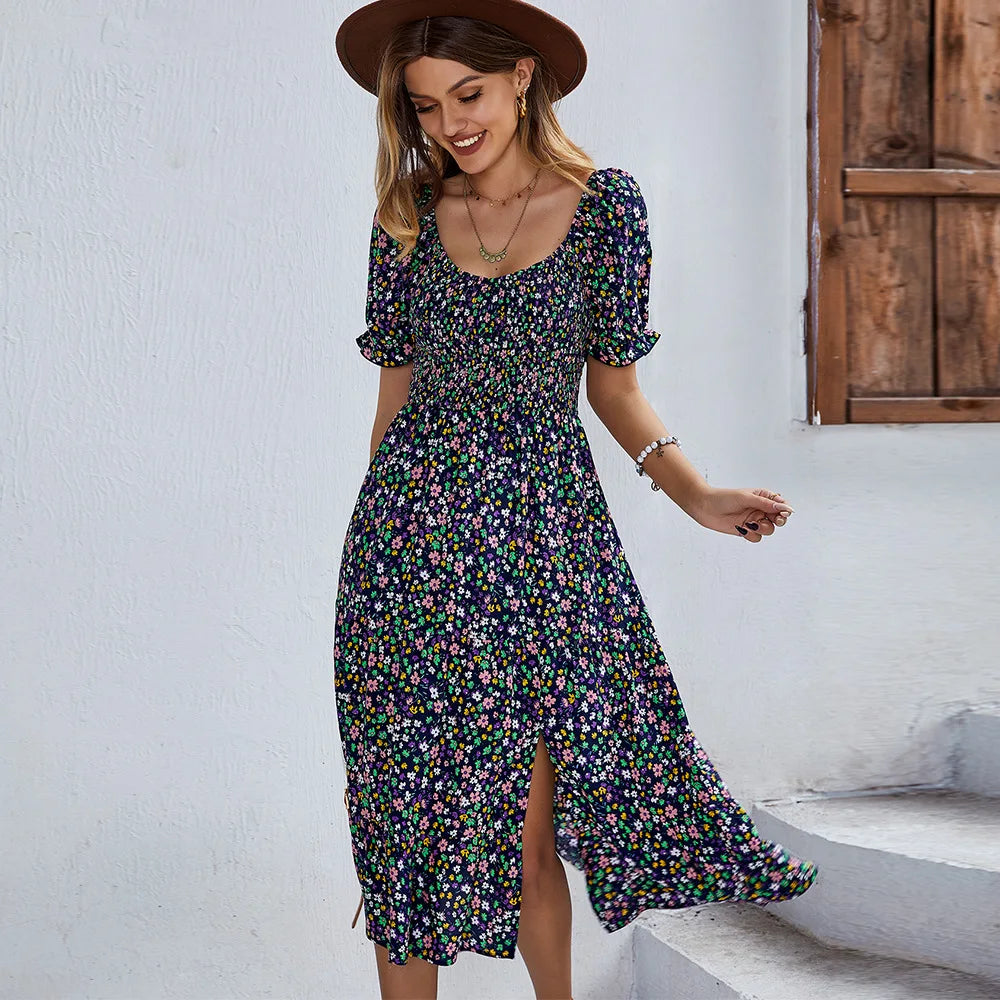 JO | Bohemia Print Dress Women New Summer Midi Dress Puff Sleeves