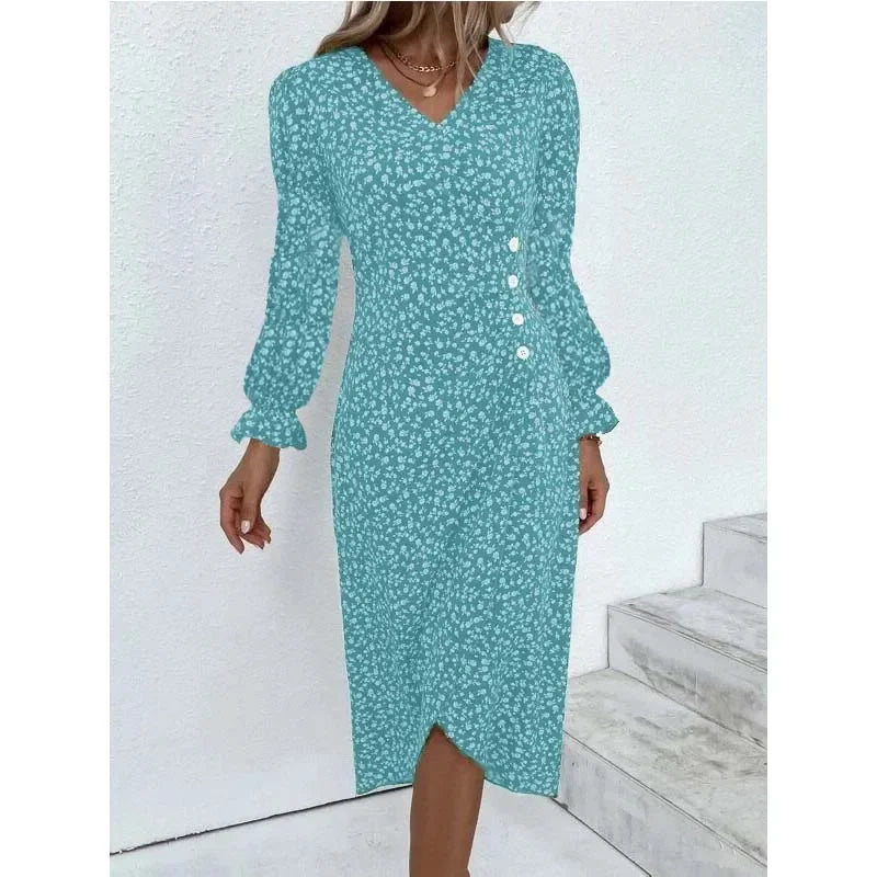 JO | Elegant floral pleated midi dress with puff sleeves and V-neckline