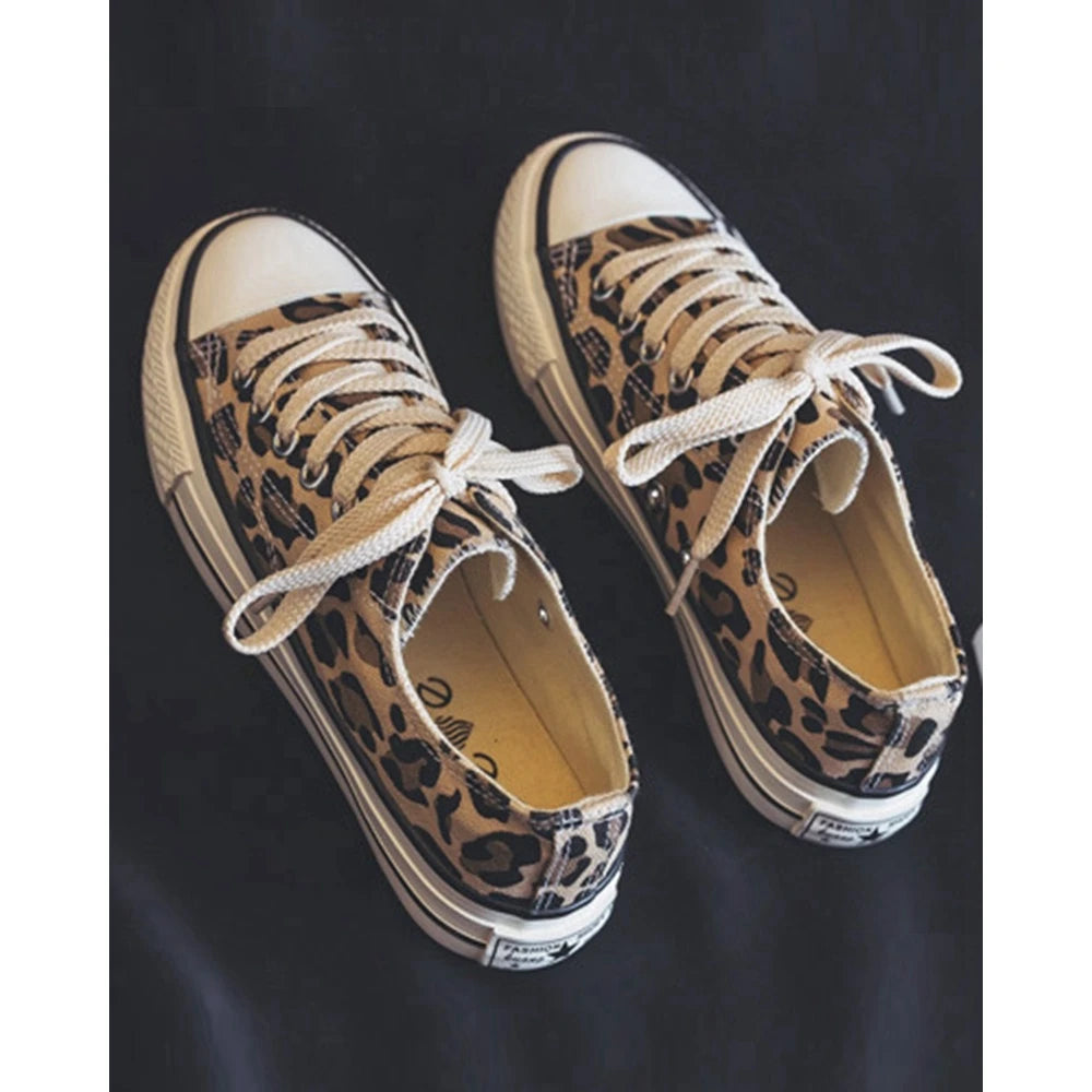 Women's New Leopard Print High-Top Cross Perforated Lace-Up Canvas Shoes - Korean Style Casual Sneakers