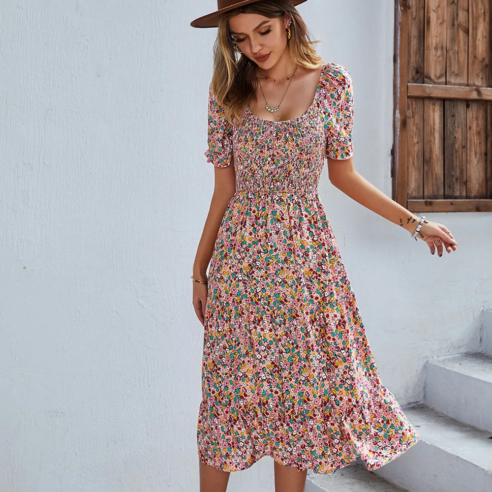 JO | Bohemia Print Dress Women New Summer Midi Dress Puff Sleeves