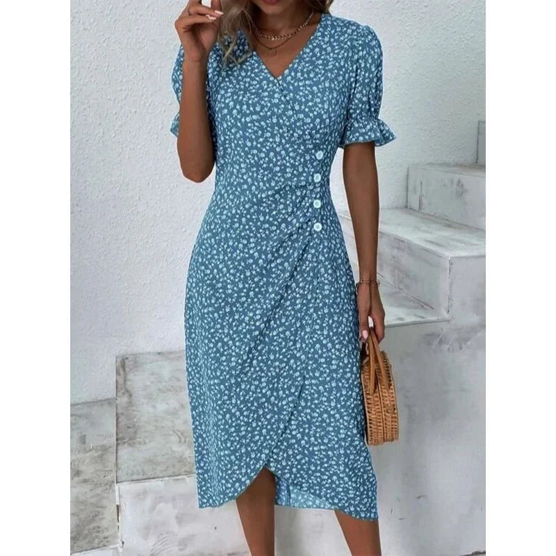 JO | Elegant floral pleated midi dress with puff sleeves and V-neckline