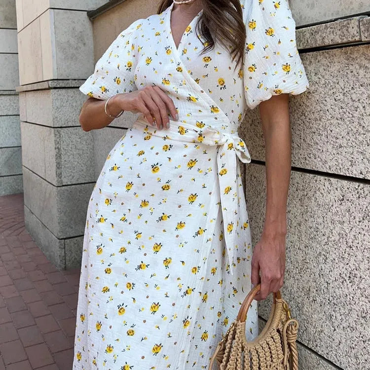 JO | Casual Ladies Summer Dresses 100% Cotton Floral Print A-Line Midi Dress with Side Slits Long Elegant White Dress