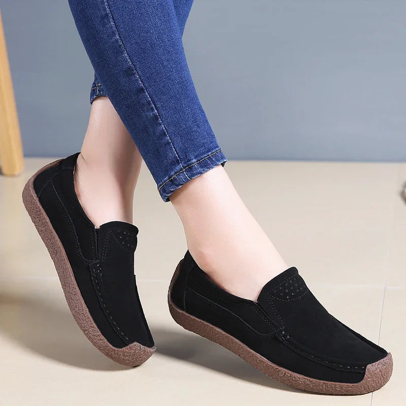 2025 New Spring Autumn Women Moccasins Suede Leather Flats Square Toe Comfortable Slip-on Shoes Fall Casual Apricot Loafers Lady
