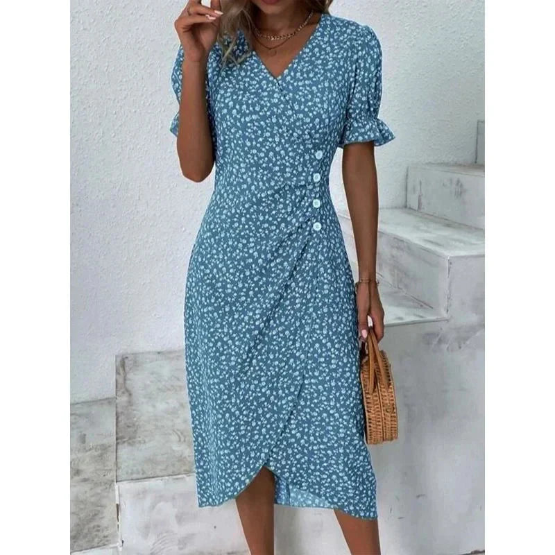 JO | Spring Floral Bodycon Midi Dress for Women V-Neck Long Sleeve