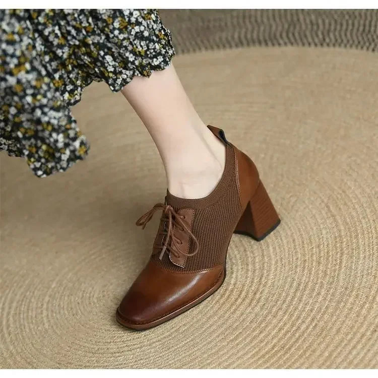 Women Pumps Luxury Leather High Heels New British Style Fashion Square Toe Block Heel Single Shoes Chunky Elastic Leather Shoes