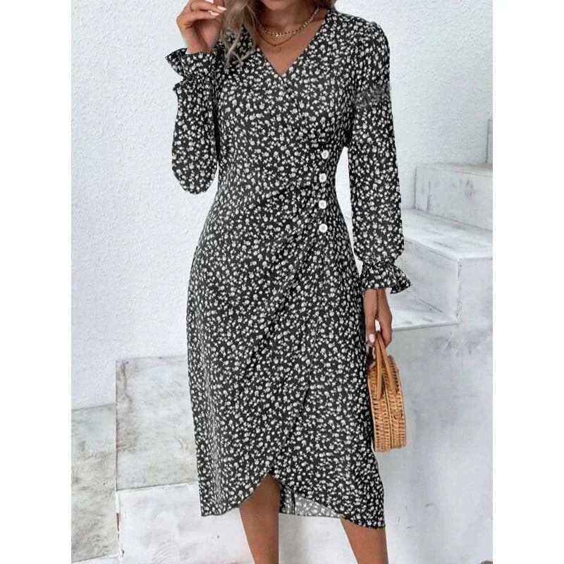 JO | Elegant floral pleated midi dress with puff sleeves and V-neckline
