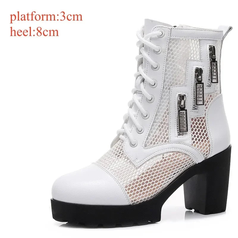 Small Size 32-43 Breathable Mesh Cutout Leather Boots Women's Platform Sandals Summer 2024 Block High Heels Ankle Boots Model