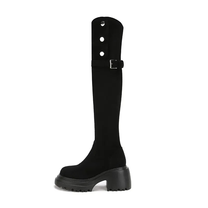 High boots 2024 winter new thick high heels with velvet zipper buckle fashion personality British style women's shoes