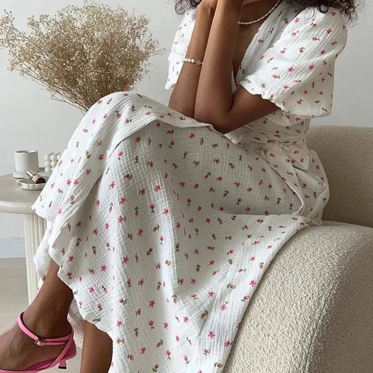 JO | Casual Ladies Summer Dresses 100% Cotton Floral Print A-Line Midi Dress with Side Slits Long Elegant White Dress