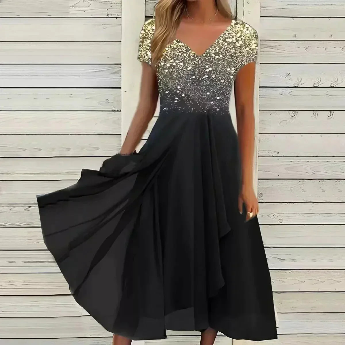 JO | elegant midi dress with sweeping skirt