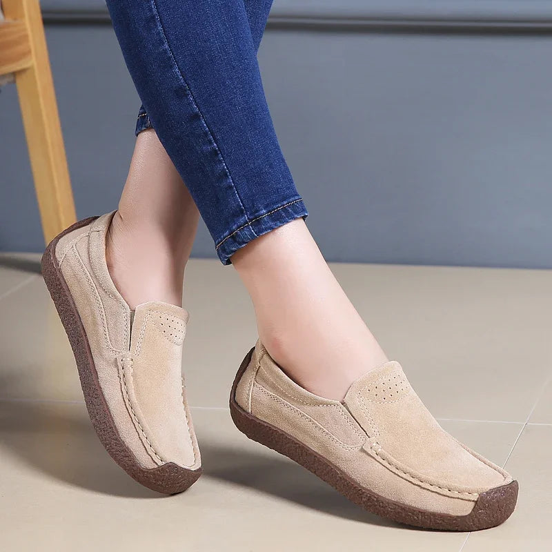 2025 New Spring Autumn Women Moccasins Suede Leather Flats Square Toe Comfortable Slip-on Shoes Fall Casual Apricot Loafers Lady