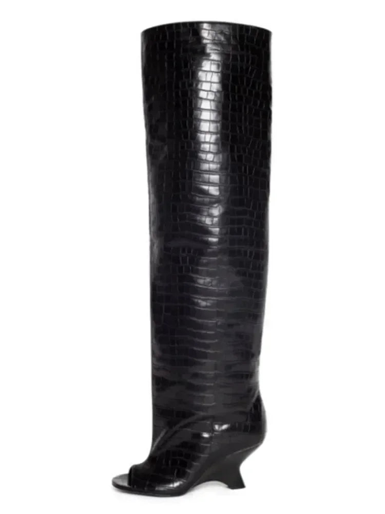 2025 New Peep Toe Long Boots Summer Thick High Heels Women's Knee Boots Large Size Shoes Ladies Slip-on Strange Heels Cool Boots