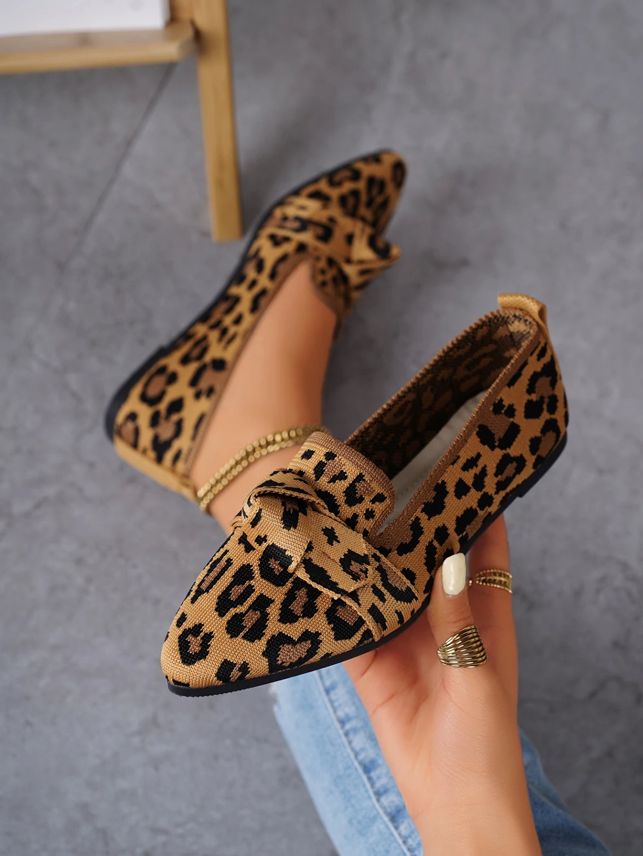 Leopard Print Flat Shoes for Women, Shallow Slip-On Bow Shoes for Women