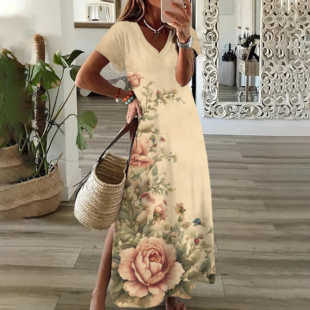 JO | Sunflower Print Floral Graphic Dresses for Women Plus Size Elegant Midi Dress