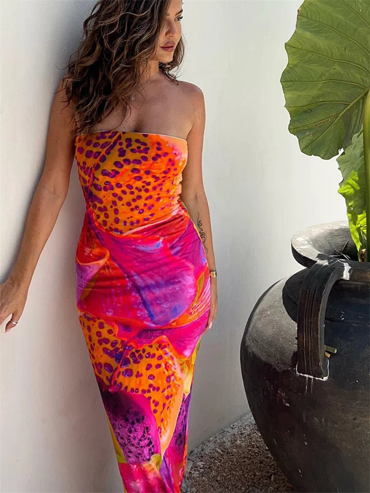 JO | Strapless maxi dress with colorful leopard print