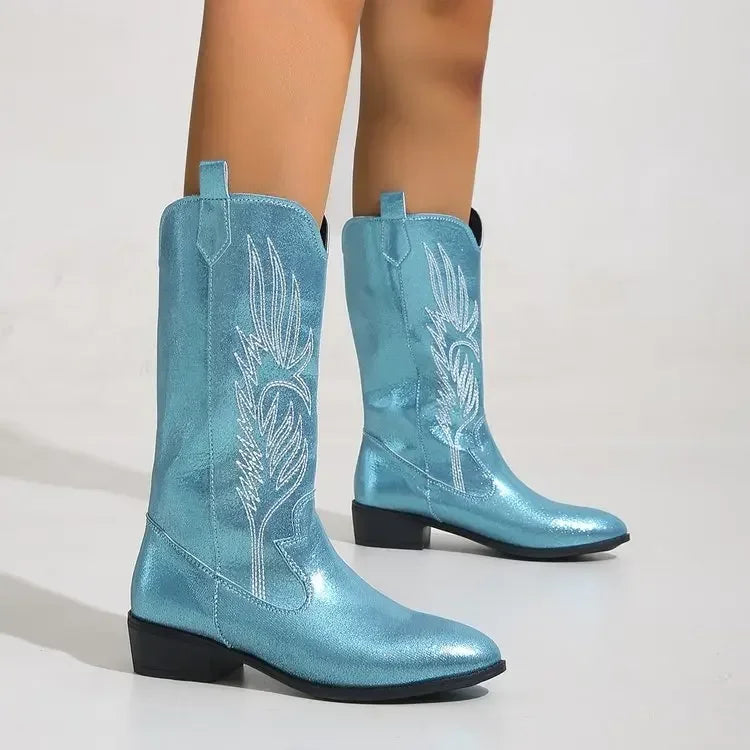 2023 Winter New Fashion Western Cowboy Boots Women Pointed Toe High Heel Shoes Ladies Embroidery Chelsea Boots Zapatos Mujer