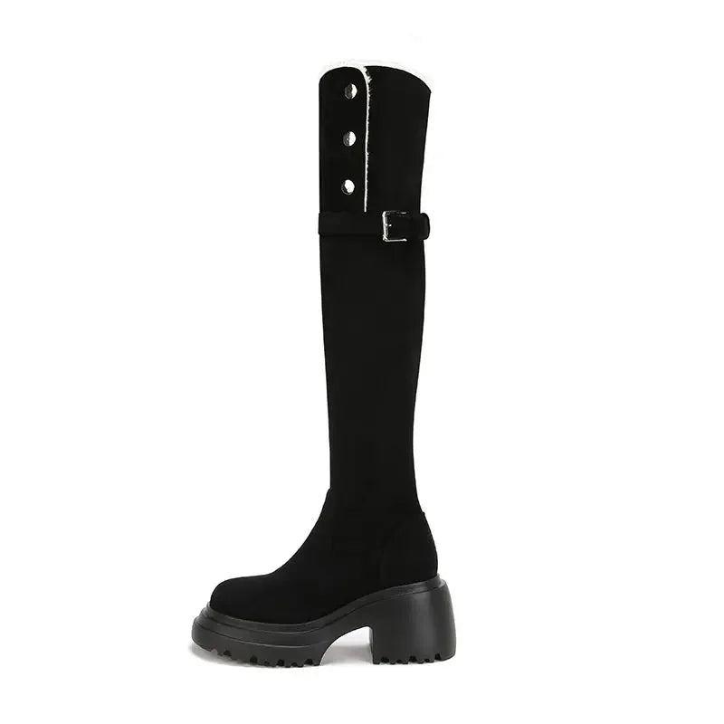 High boots 2024 winter new thick high heels with velvet zipper buckle fashion personality British style women's shoes