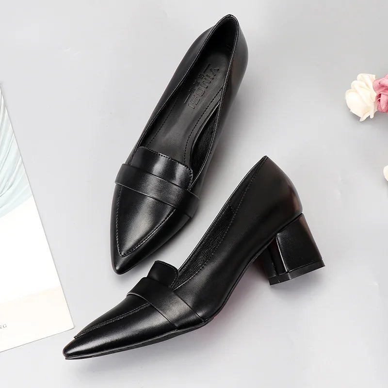 Fashion Women Elegant Simple Black Pumps Soft Sole Square High Heels Pointed Toe Sewing Slip On Office Work Shoes Comfortable