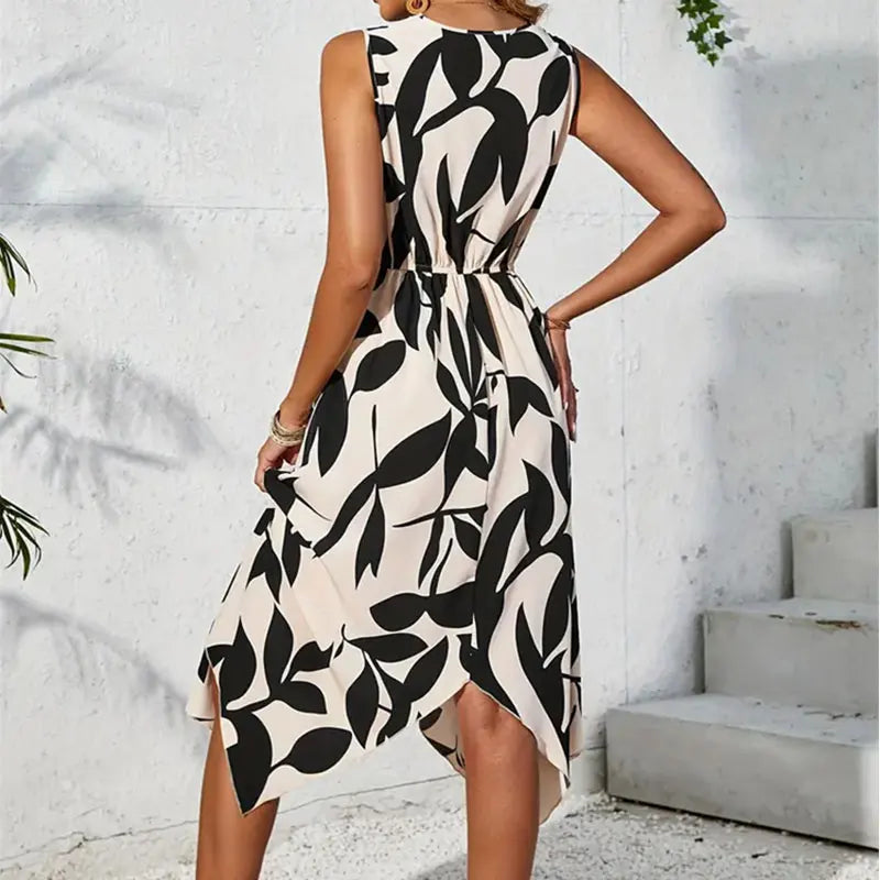JO | Beach Women Midi Dress Summer Asymmetrical Maxi Long One Piece Elegant Leaf Print Casual Hem Vestidos Female