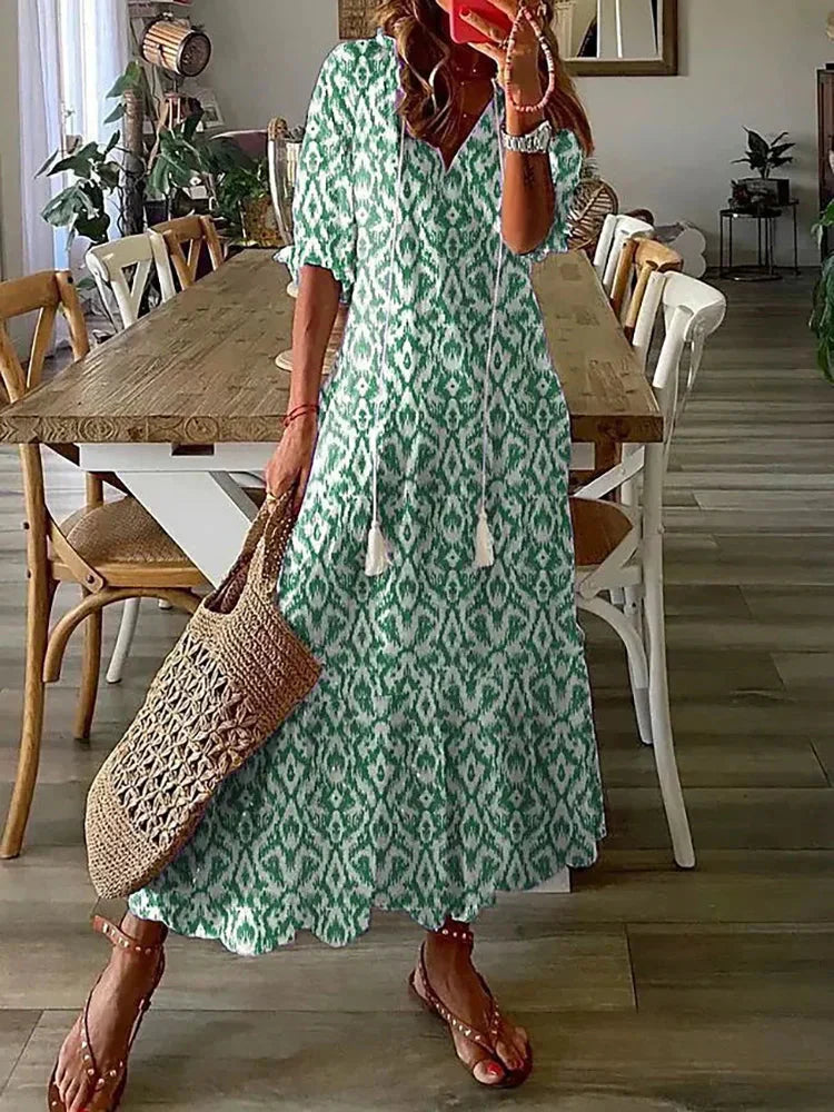 JO | Boho patterned midi dress with short sleeves