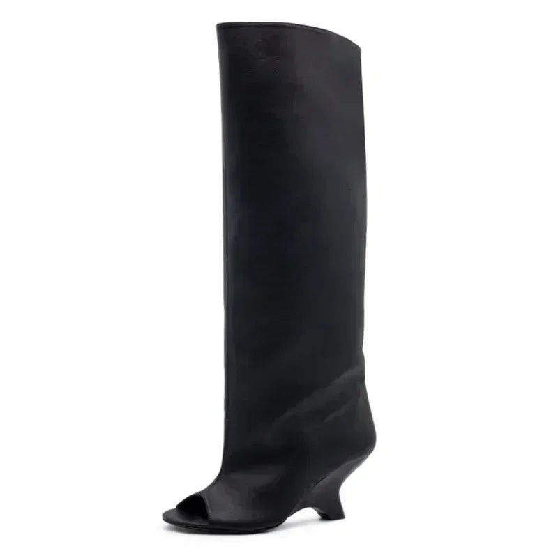 2025 New Peep Toe Long Boots Summer Thick High Heels Women's Knee Boots Large Size Shoes Ladies Slip-on Strange Heels Cool Boots