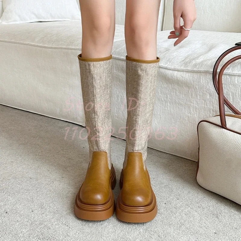 Retro Brown Platform Mid-calf Boots Round Toe Leather High Top Knight Boots Slip-on Women 2024 Autumn Street Style Modern Shoes