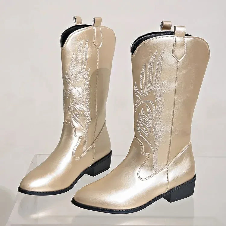 2023 Winter New Fashion Western Cowboy Boots Women Pointed Toe High Heel Shoes Ladies Embroidery Chelsea Boots Zapatos Mujer