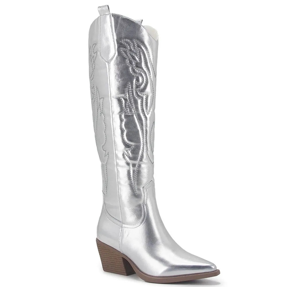 2024 Cowboy Boots for Women Embroidered Pointy Toe White Zipper Chunky Heeled Knee High Western Boots Shoes Black