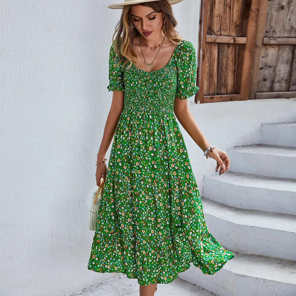 JO | Bohemia Print Dress Women New Summer Midi Dress Puff Sleeves