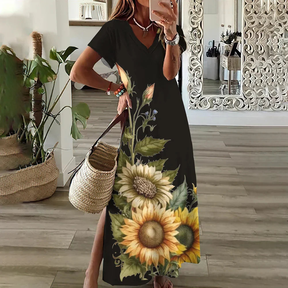 JO | Sunflower Print Floral Graphic Dresses for Women Plus Size Elegant Midi Dress
