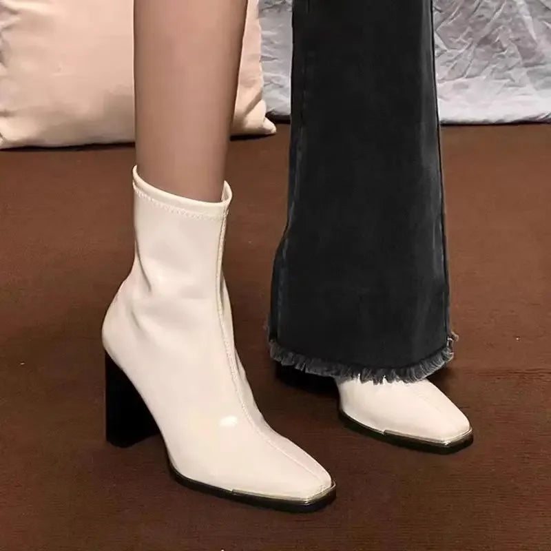 Women's Boots Patent Leather High-end Feel Short Tube High Heels Square Toe Zipper Waterproof Party Women Boots Botas Mujer2025