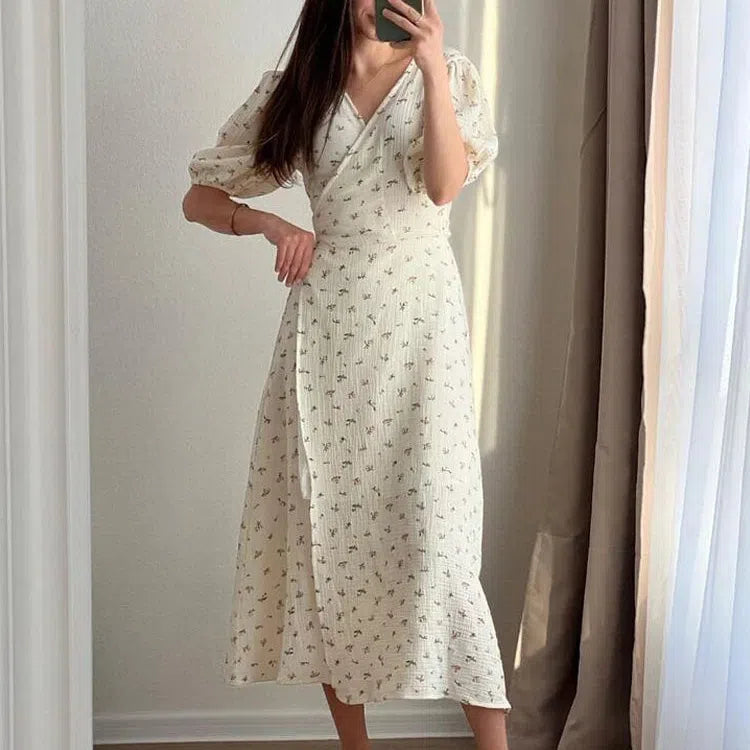 JO | Casual Ladies Summer Dresses 100% Cotton Floral Print A-Line Midi Dress with Side Slits Long Elegant White Dress