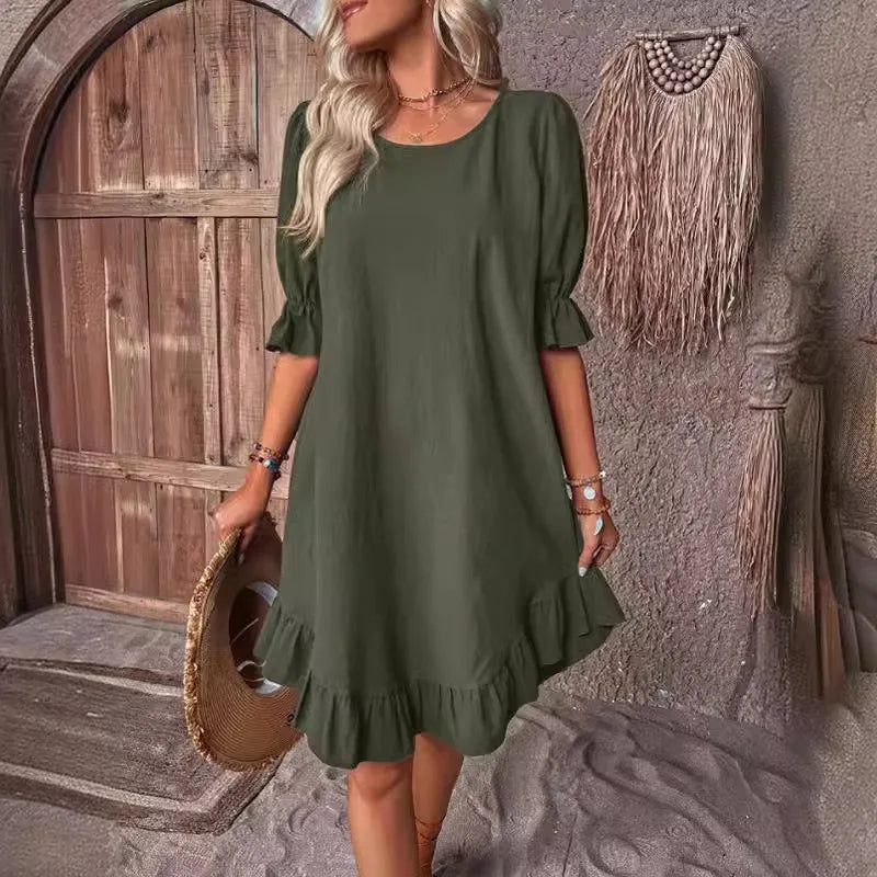 JO | Solid Color Casual Loose Short Dresses For Women Summer A-Line Midi Dress