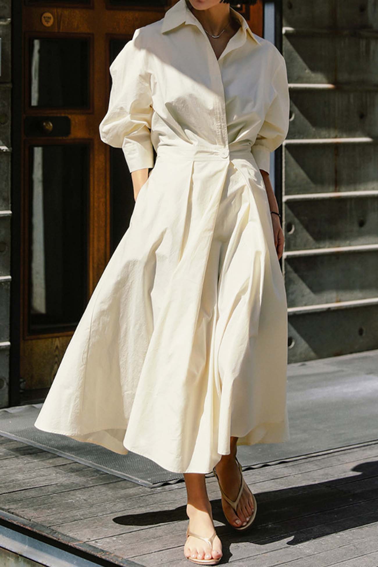 JO | Long-sleeved A-line shirt midi dress in cotton