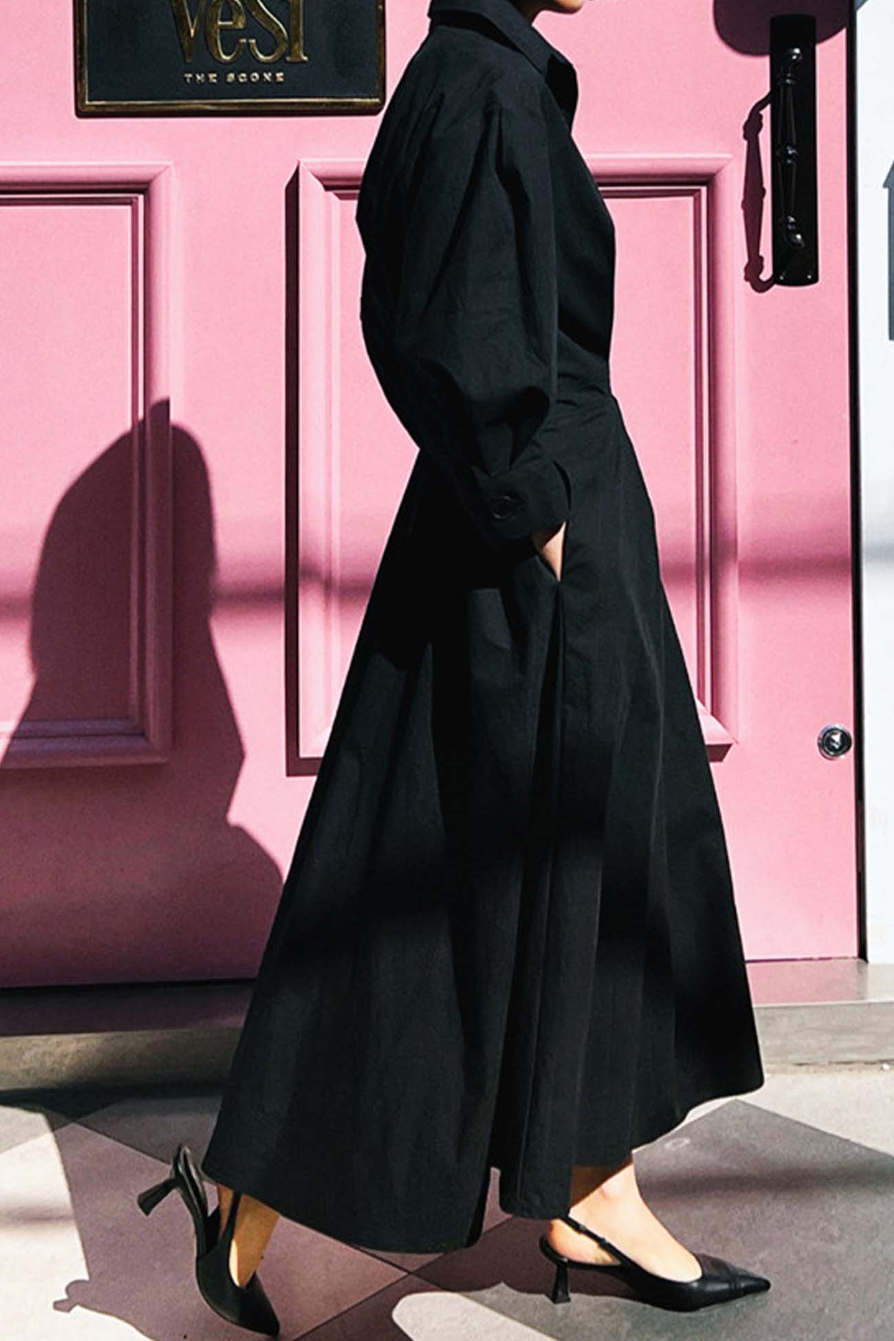JO | Long-sleeved A-line shirt midi dress in cotton