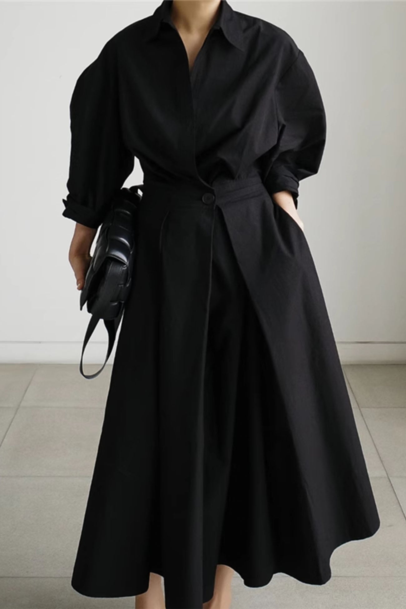JO | Long-sleeved A-line shirt midi dress in cotton