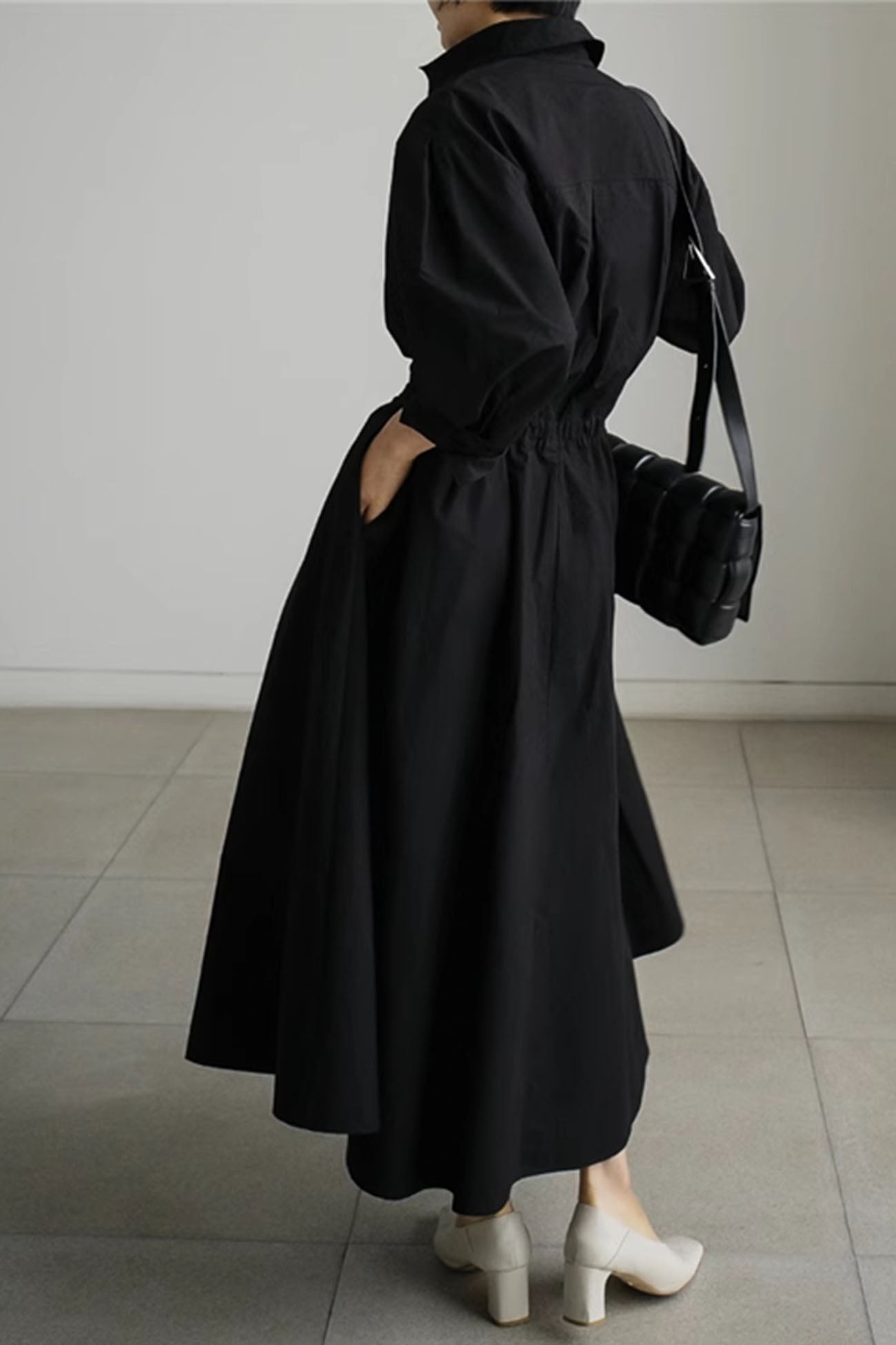 JO | Long-sleeved A-line shirt midi dress in cotton
