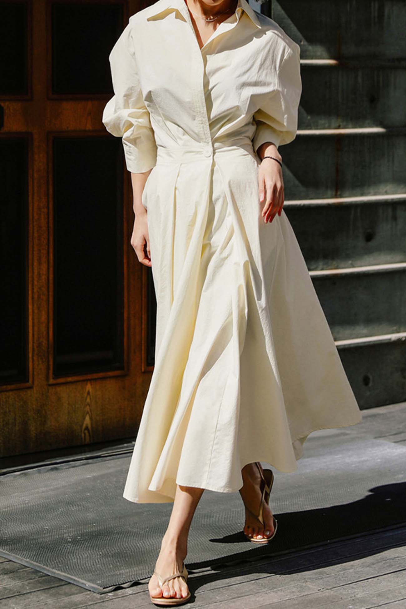 JO | Long-sleeved A-line shirt midi dress in cotton