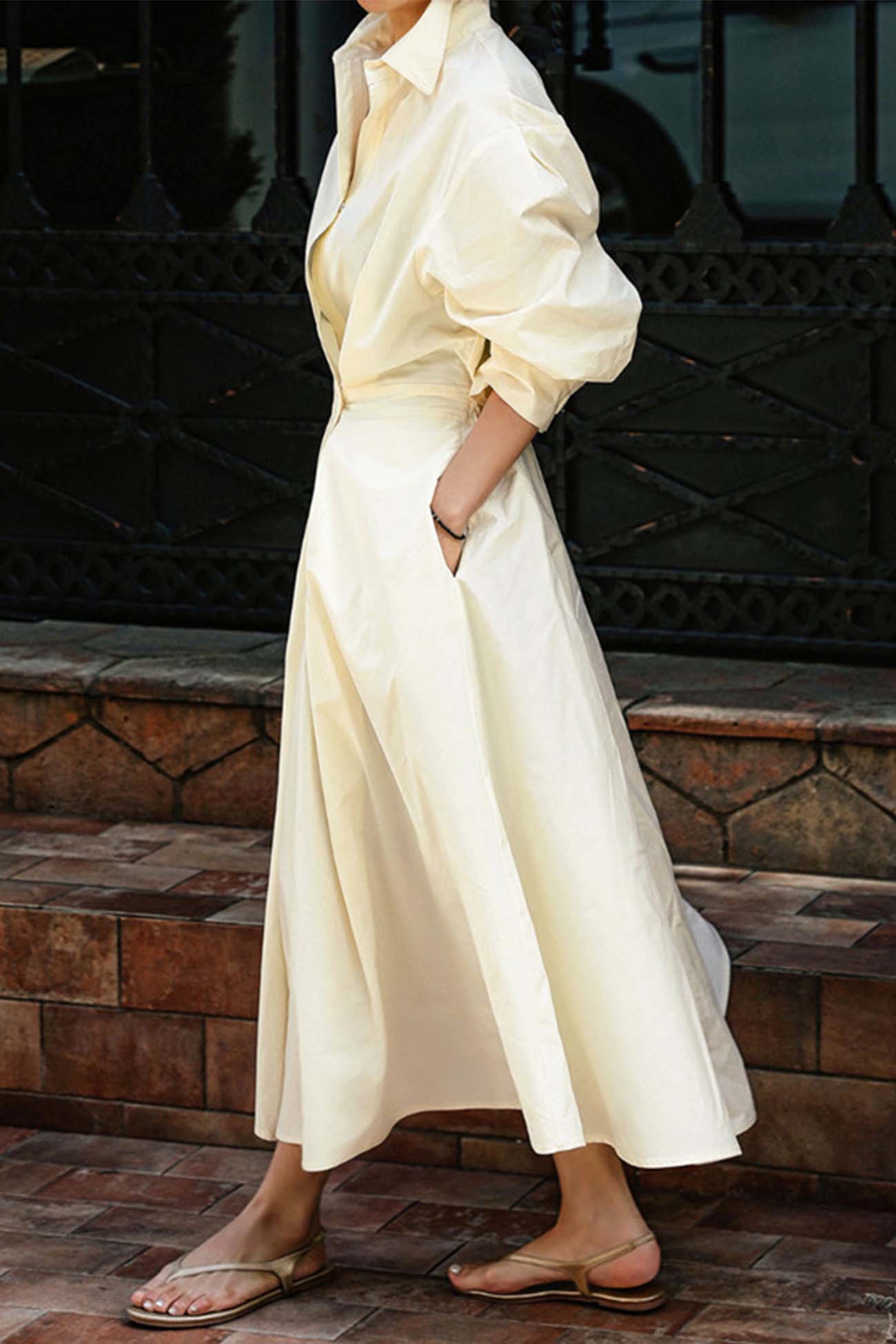 JO | Long-sleeved A-line shirt midi dress in cotton