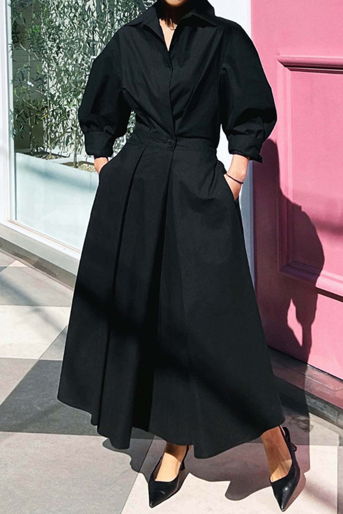 JO | Long-sleeved A-line shirt midi dress in cotton