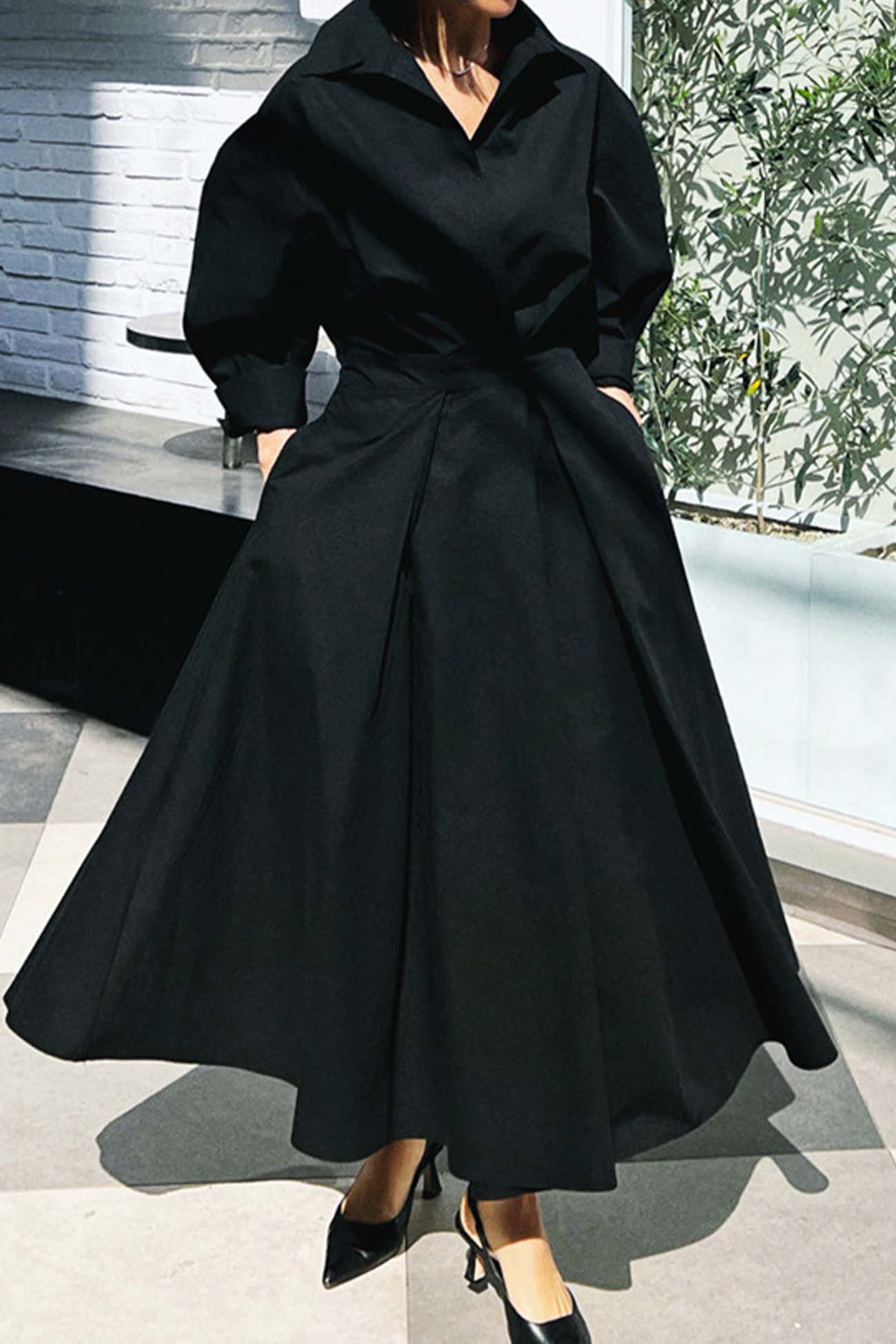 JO | Long-sleeved A-line shirt midi dress in cotton