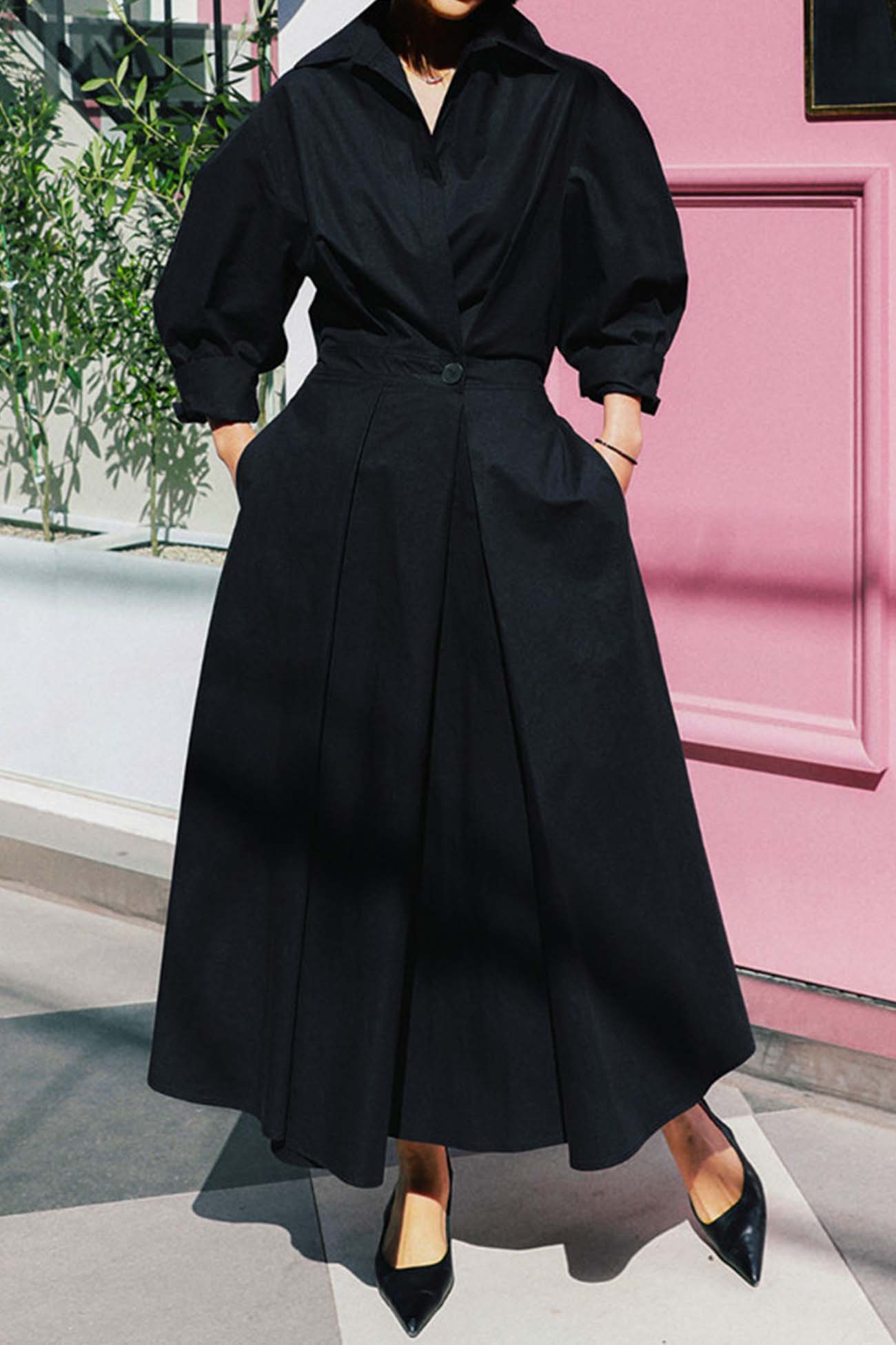JO | Long-sleeved A-line shirt midi dress in cotton
