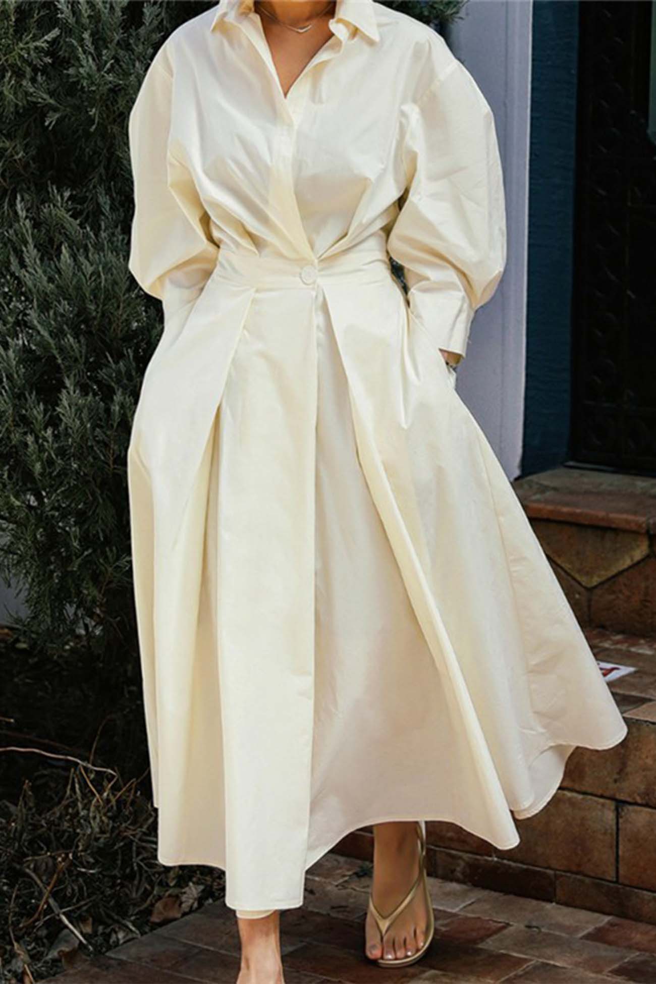 JO | Long-sleeved A-line shirt midi dress in cotton
