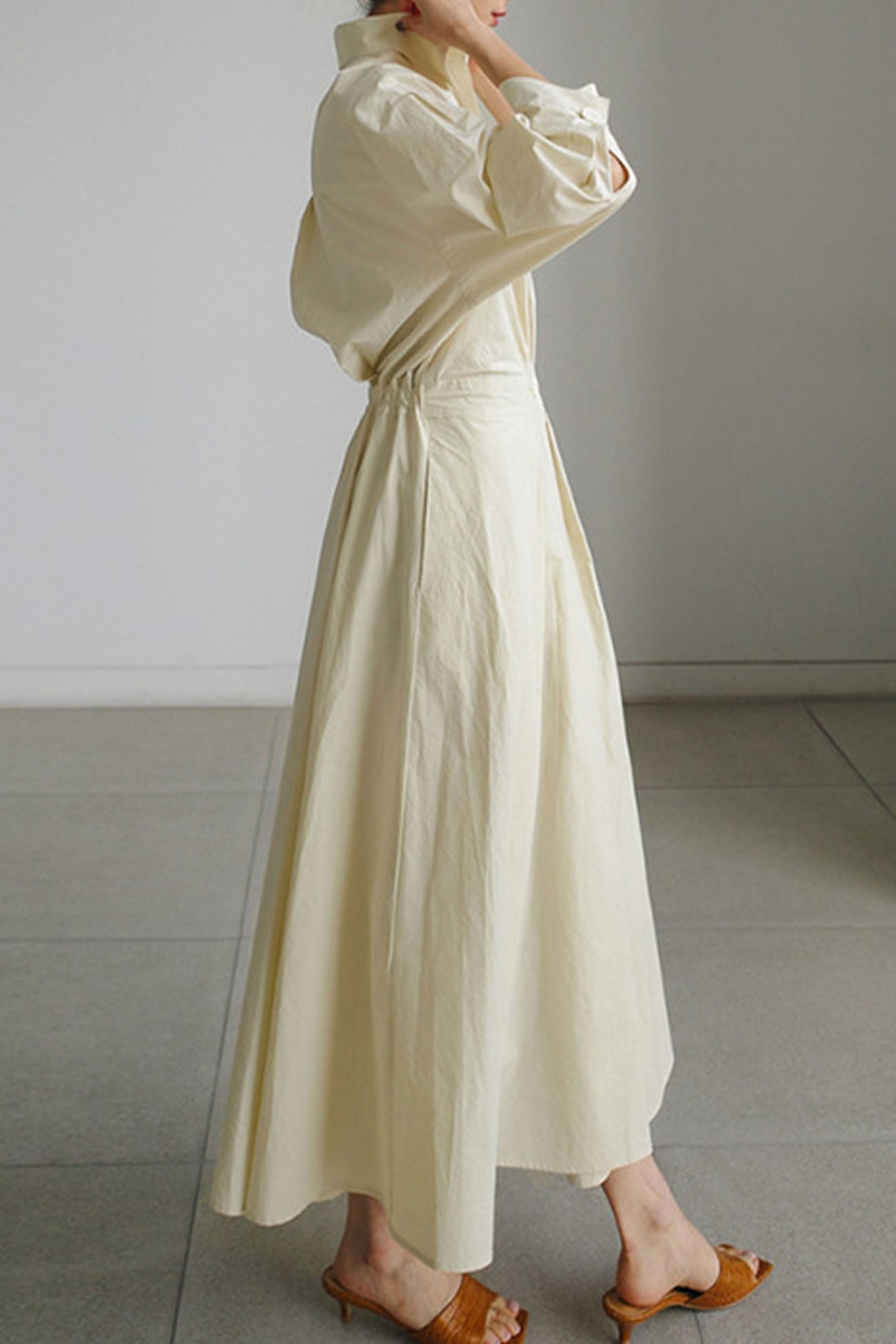 JO | Long-sleeved A-line shirt midi dress in cotton