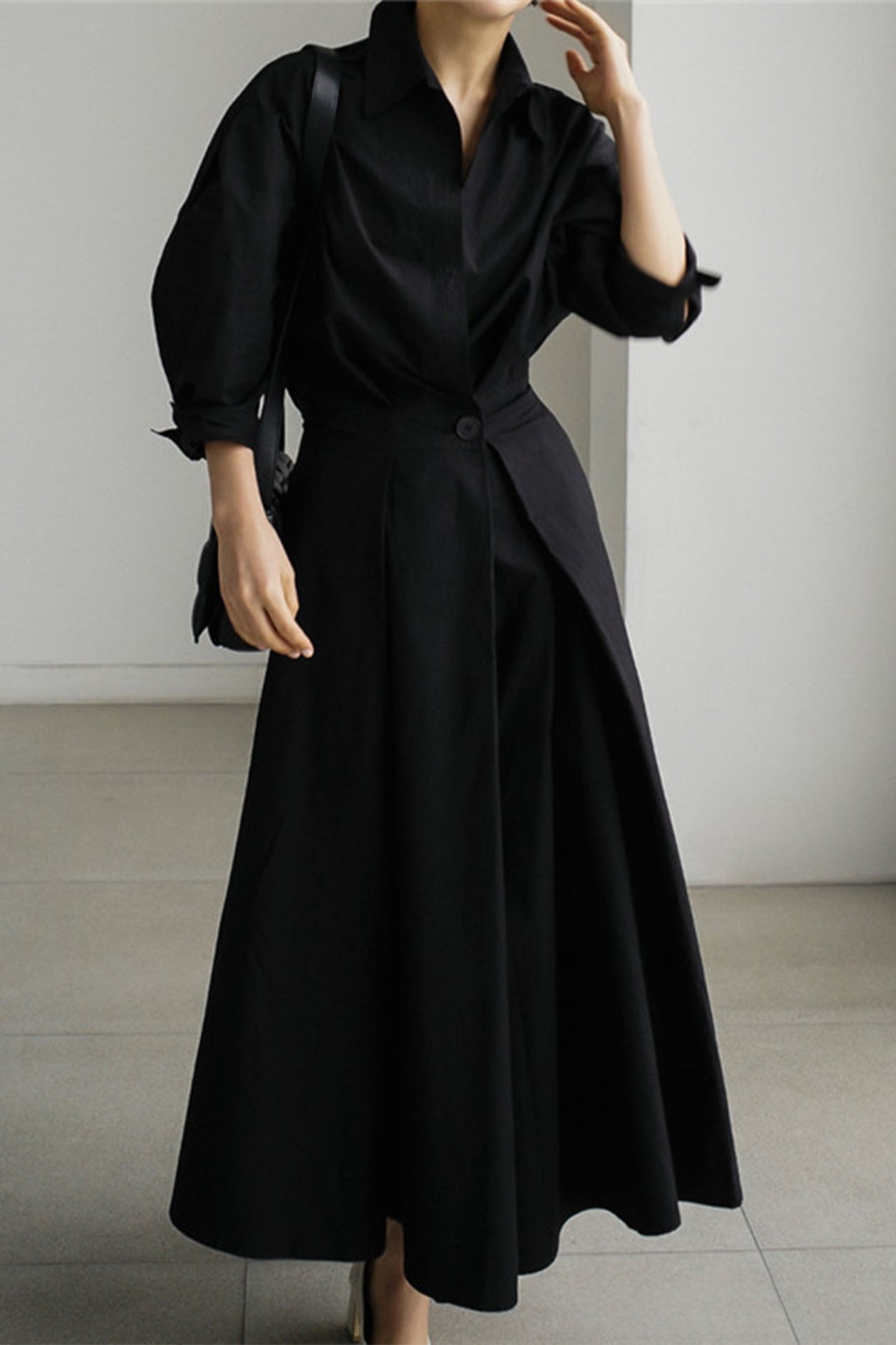 JO | Long-sleeved A-line shirt midi dress in cotton