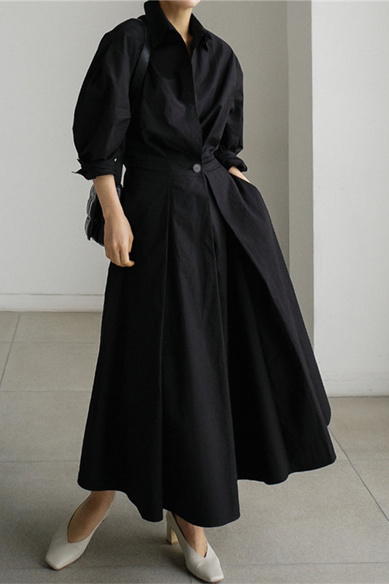 JO | Long-sleeved A-line shirt midi dress in cotton