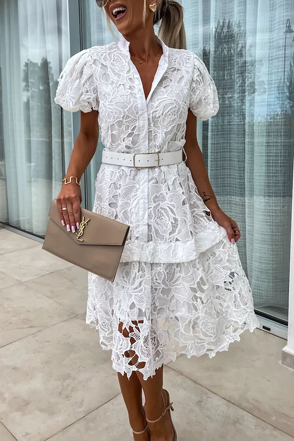 JO | Absolutely Elegant Floral Crochet Lace Puff Sleeve Belted Shirt Midi Dress
